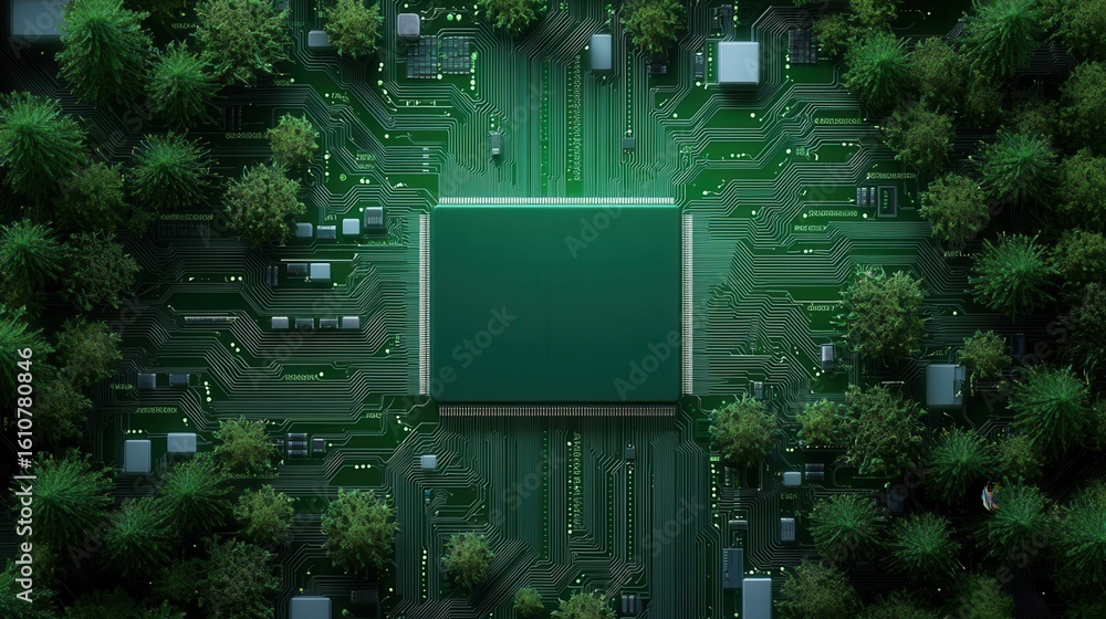 Poster nature conservation concept. circuit board design merging technology with nature elements.
