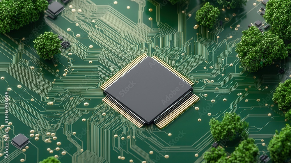 Poster nature conservation concept. microchip surrounded by greenery on a circuit board design.