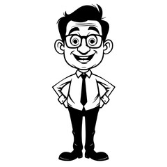 Cartoon man smiling with glasses and hands on hips in formal attire  