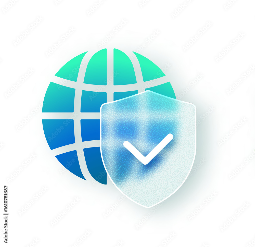 Poster global security: abstract teal and blue globe with protective shield and check mark icon
