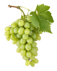 Green grapes cluster with leaf isolated on transparent background