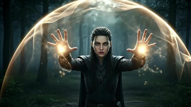 A powerful sorceress displays her mystical energy within a protective sphere in a dark forest.