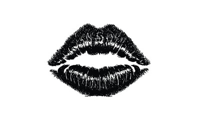 Fototapeta premium Black ink lips print illustration isolated. Vector retro hand drawn illustration