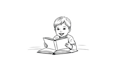 Young caucasian male child reading a book with a joyful expression. Vector retro hand drawn illustration