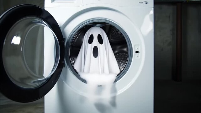 A Silly Ghost Doing Laundry on Halloween looping