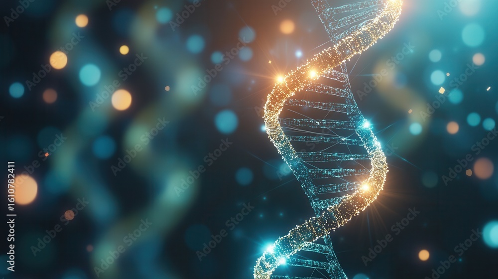 Poster nature conservation concept. abstract dna helix with glowing lights and bokeh effect in the backgrou