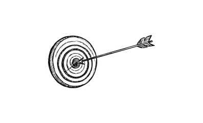 Hand-drawn bullseye with arrow illustration of success and precision. Vector retro hand drawn illustration