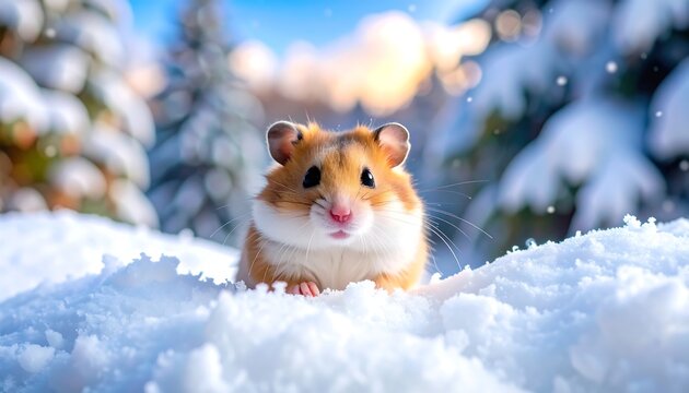 A fluffy hamster sits in a snowy landscape, looking directly at the camera - Powered by Adobe
