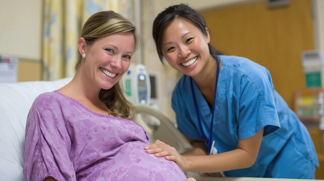 A pregnant woman in the hospital with her nurse. Scrubs. Care and support for both mother and child. Asian doc comforts a patient
