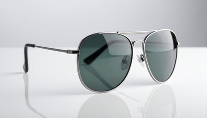 Aviator Sunglasses with Silver Frames and Green Lenses on Reflective White Surface
