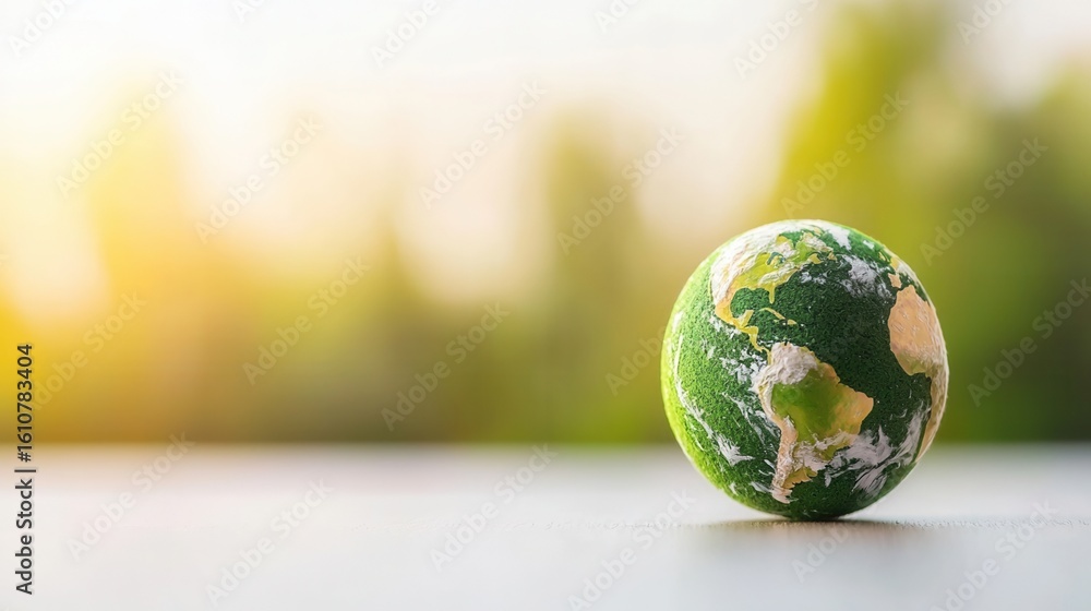 Poster nature conservation concept. small globe on a surface with a soft, blurred background of greenery.