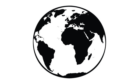 Black and white globe illustration featuring continents of africa and europe. Vector retro hand drawn illustration