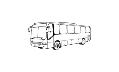 Black and white line drawing of a modern bus on a white background. Vector retro hand drawn illustration