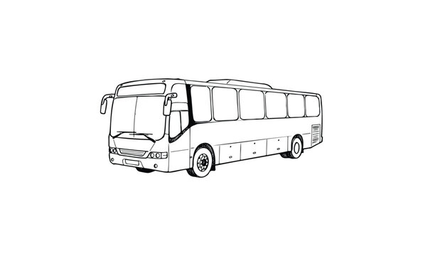 Fototapeta Black and white line drawing of a modern bus on a white background. Vector retro hand drawn illustration
