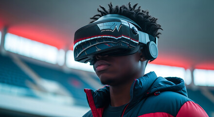 African American Man Immersed in Virtual Reality Wearing VR Headset at Stadium Exploring Digital Experiences and Future Technologies