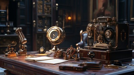 A mesmerizing collection of vintage items sits elegantly on a polished wooden desk. Intricate details and warm lighting create a captivating atmosphere. Generative AI
