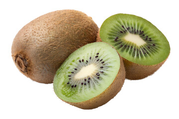 Cut kiwi fruit, whole and sliced isolated on transparent background