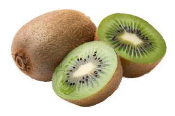 Cut kiwi fruit, whole and sliced isolated on transparent background
