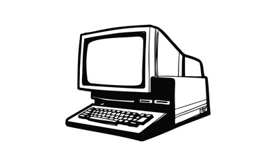 Fototapeta premium Retro black and white illustration of vintage computer with crt monitor and keyboard. Vector retro hand drawn illustration