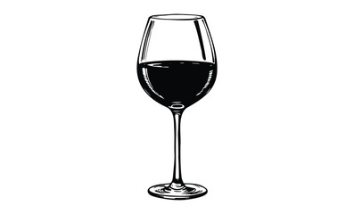 Black and white line art of red wine glass. Vector retro hand drawn illustration
