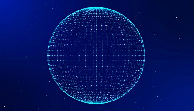 A glowing wireframe sphere against a dark blue background