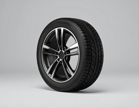 Car Tire on Gray Background: Close-Up of Modern Rubber Vehicle Wheel with Tread Texture for Automotive Maintenance, Repair, and Transportation Design Elements