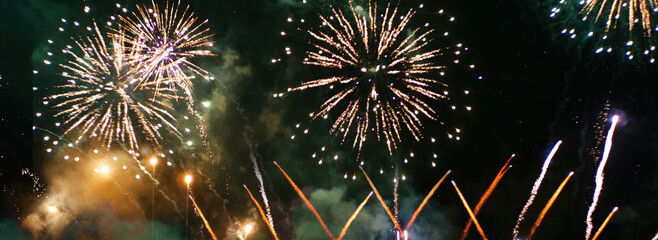Banner Green firework night time celebrate national holiday. Green Firework celebrate anniversary...