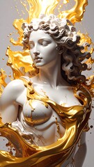 Elegant sculpture of a woman surrounded by flowing golden liquid resembling emotions and beauty in a dynamic art piece