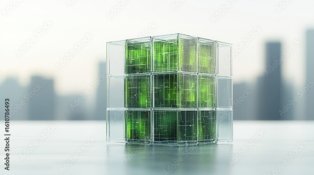 Poster nature conservation concept. 3d model of a transparent cube with green elements inside.