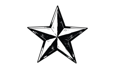 Black and white five-pointed star with grunge texture. Vector retro hand drawn illustration