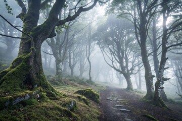 An enchanting view of a mysterious path winding through an ancient, moss-covered forest on a foggy morning
