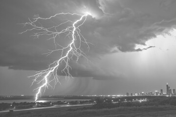 Dramatic black and white view of a powerful lightning bolt striking down during a thunderstorm over a city skyline.