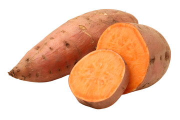 Sweet potato whole and sliced isolated on transparent background