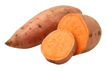 Sweet potato whole and sliced isolated on transparent background