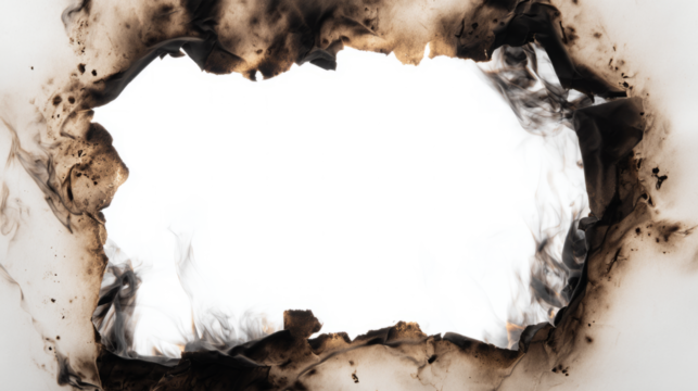 paper frame with irregular burnt shape and smoke stains