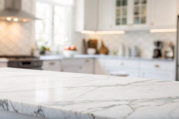 White marble stone tabletop surface in the foreground with a blurry luxury kitchen interior for product display.
