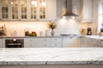 Luxurious white marble tabletop with a blurred modern kitchen interior, perfect for product display or design mockups.