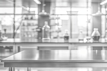 Monochrome defocused background of a modern scientific research laboratory with an empty metal table in the foreground.