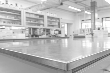 Modern scientific laboratory with a stainless steel workbench in the foreground and a blurred background. Black and white.