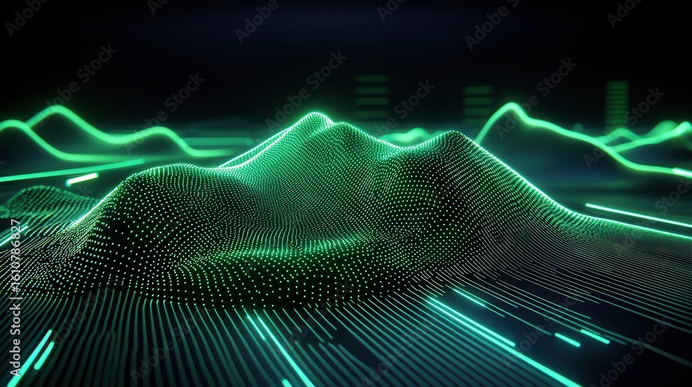 Poster nature conservation concept. digital landscape with neon lines and points creating a 3d effect.