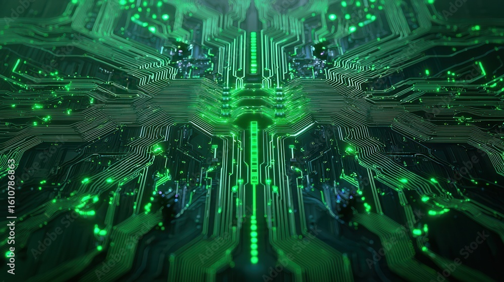 Poster nature conservation concept. futuristic circuit board with vibrant green lights and intricate patter
