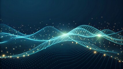Abstract technology background with glowing blue digital waves, particle grid, and light. Futuristic data visualization concept. 029gen.