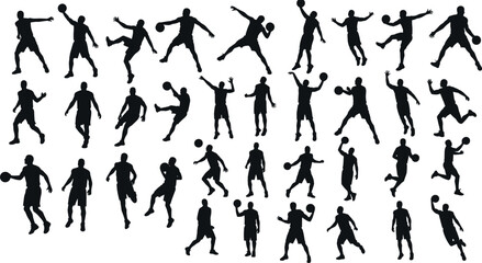 Basketball player silhouette collection, vector sports illustration, athlete action poses, jump shoot dunk motion, black outline set, sport dynamic concept for graphic design