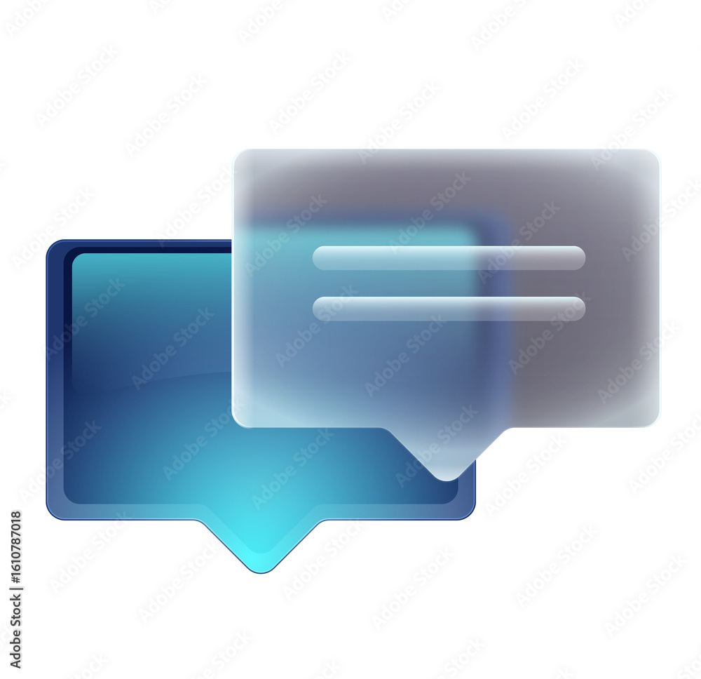 Poster abstract glassmorphism chat bubbles; modern tech communication concept; blue and gray gradient desig