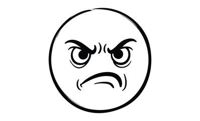 Simple black and white angry face emoji illustration. Vector retro hand drawn illustration
