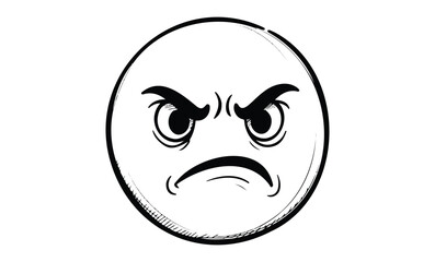 Fototapeta premium Black and white angry face emoji with furrowed brows. Vector retro hand drawn illustration