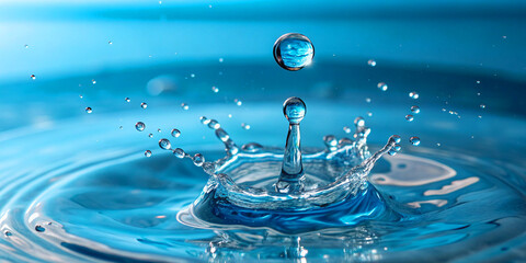 Natural mineral water splashing. Crystal clear drop of cosmetic essence serum falling in slow motion. Body moisturizing cosmetics formulating. Commercial beauty product blue liquid abstract background