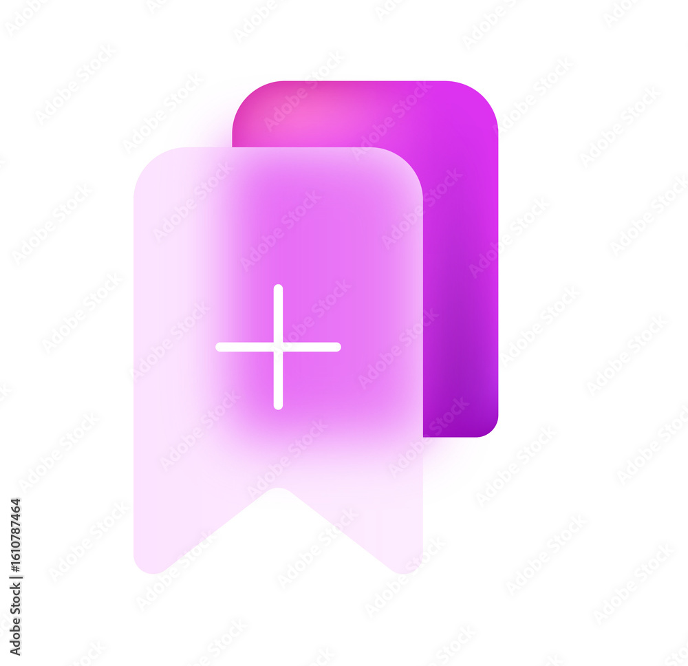 Poster modern vibrant pink gradient bookmark icon; add new plus symbol; app interface design element.