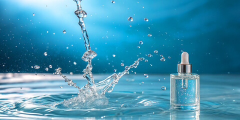 Natural mineral water splashing. Crystal clear drop of cosmetic essence serum falling in slow motion. Body moisturizing cosmetics formulating. Commercial beauty product blue liquid abstract background