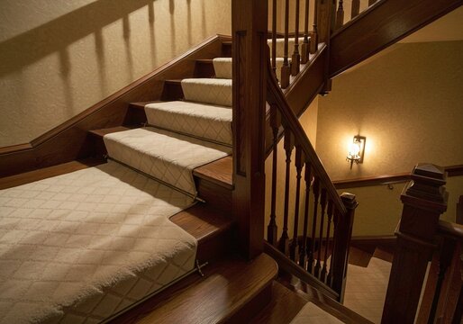 staircase in the old house, Elegant wooden staircase featuring plush carpet runner with subtle grey pattern. Interior design element combines classic style with modern comfort, safety. Rich wood finis - Powered by Adobe